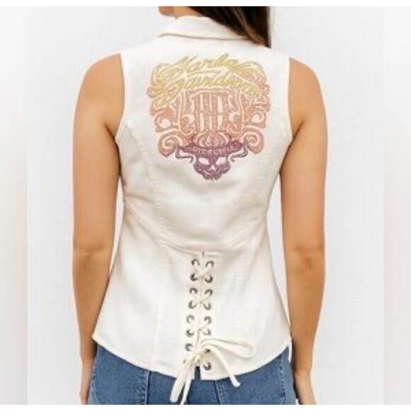 Harley Davidson Tops - VTG Women’s Harley Davidson Cream Vest w/ Bedazzled Logo /Corset Lace Back